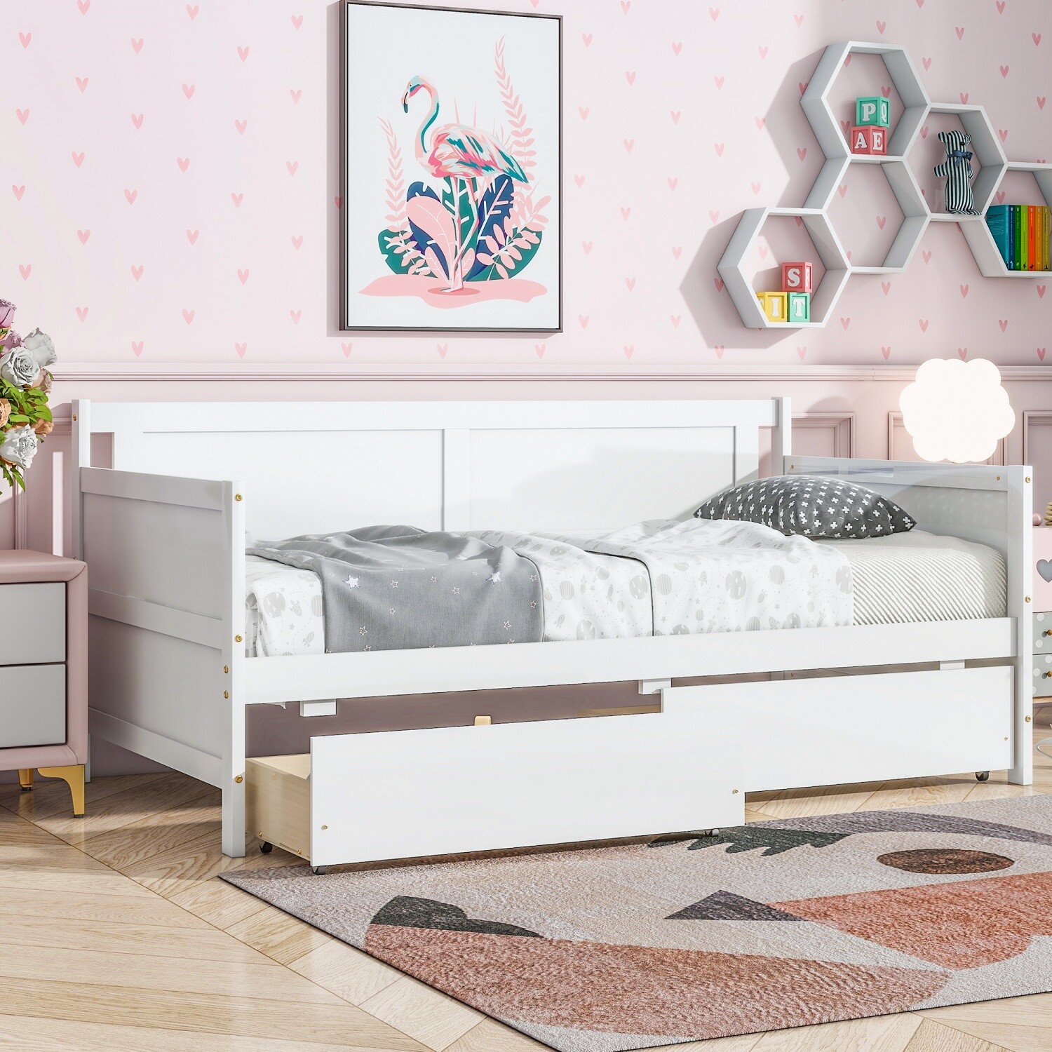 Twin Size Daybed Wooden Bed Frame Sofa Bed with 2 Drawers & Wooden Slat Support