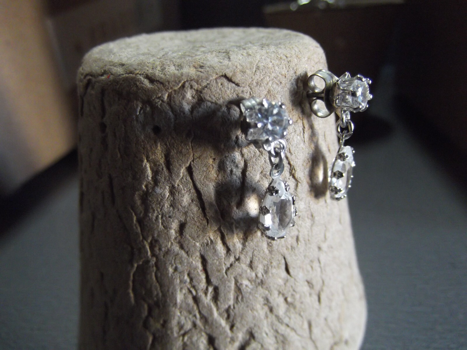 1 Pair Old .75"in White Glass Sparkly w/ Teardrop Dangle Stud