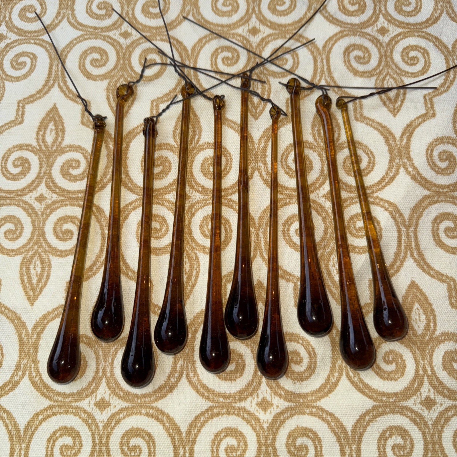 Lot of 10 Vtg Amber Handblown Glass Teardrop Lamp Ornaments Chandelier Prisms