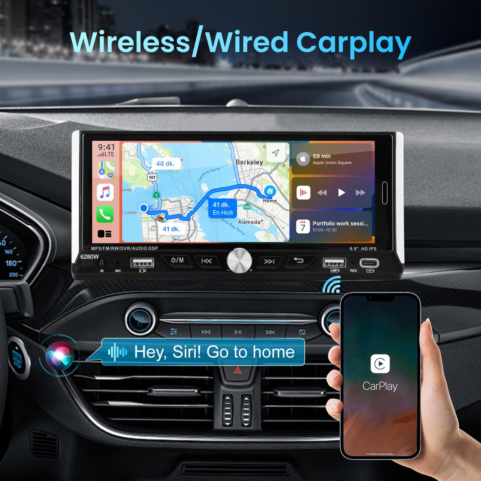 6.86' Single Din Touchscreen Car Stereo with Wireless Apple Carplay Android