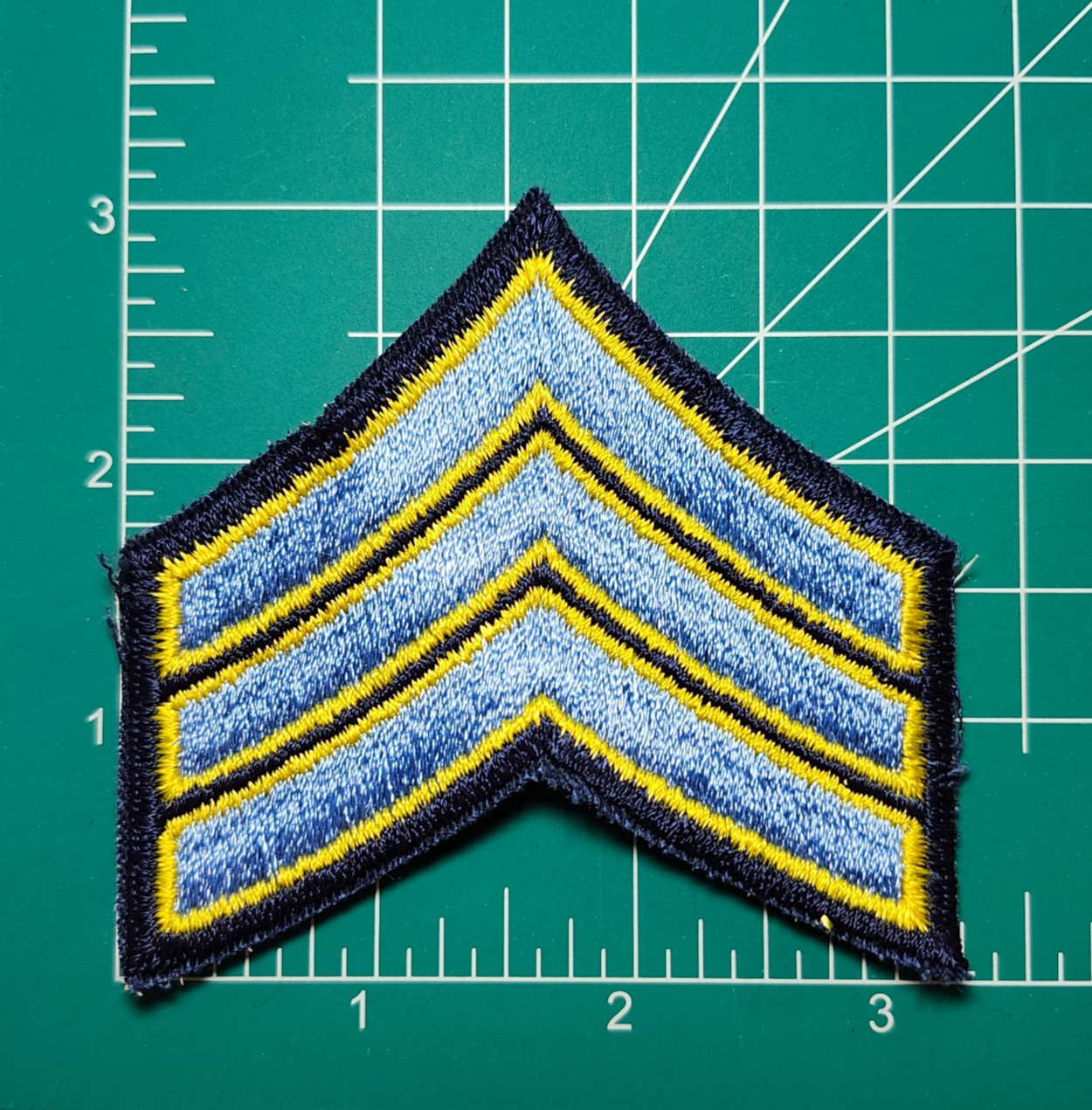 (2) Sergeant Chevron - 3 Yellow/Lt Blue Stripes on Dark Navy - ODD Size 3.25" W