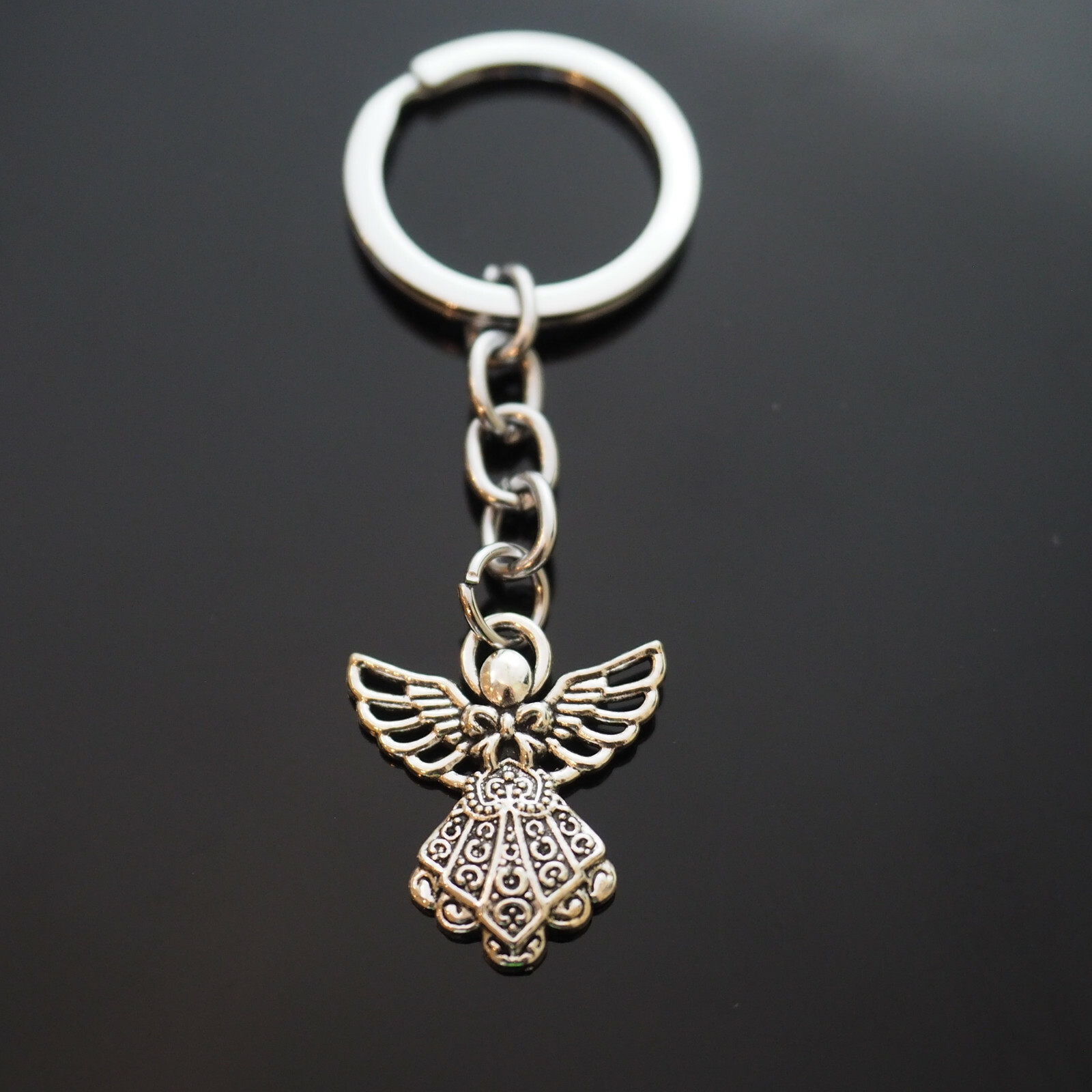 Angel with Wings Vintage Bow and Dress Silver Charm Pendant Keychain Key Chain