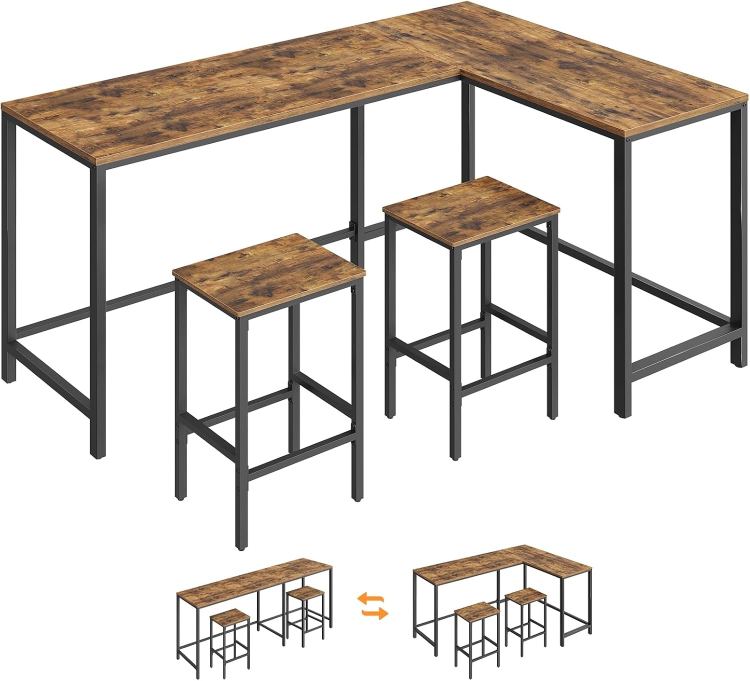 L-Shaped Bar Table Chairs Set 78.7" Bar Height Table & 2 Chairs Convertible Bar