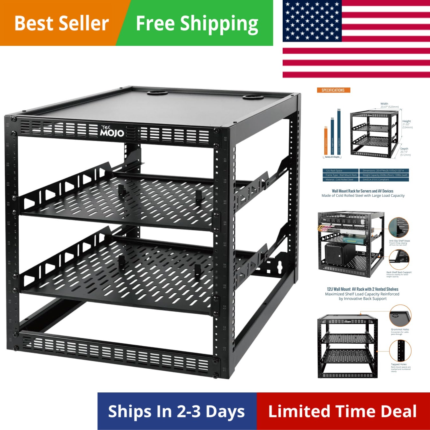 12U Open Frame Network Rack for IT & AV Gear, AV Rack Floor Standing or Wall ...