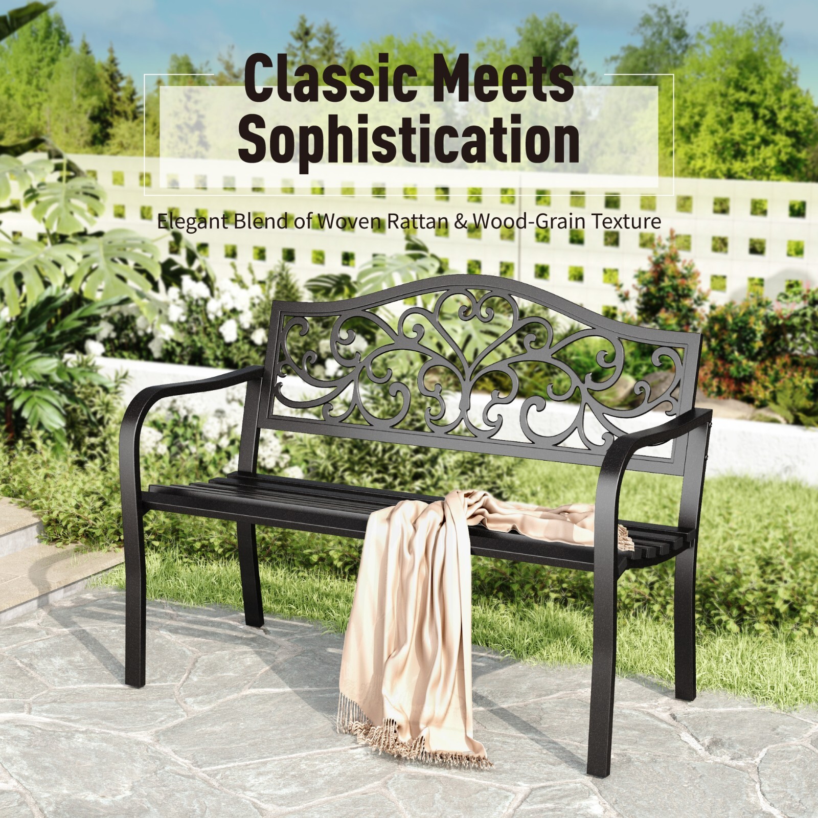 Outdoor Bench Patio Steel Garden Furniture Deck Porch Seat Backyard Park Chair~