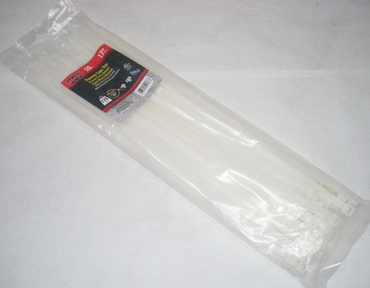 KT Industries 5-9538 Premium White Cable Ties 17" Long 175 lb Cap 50 pk