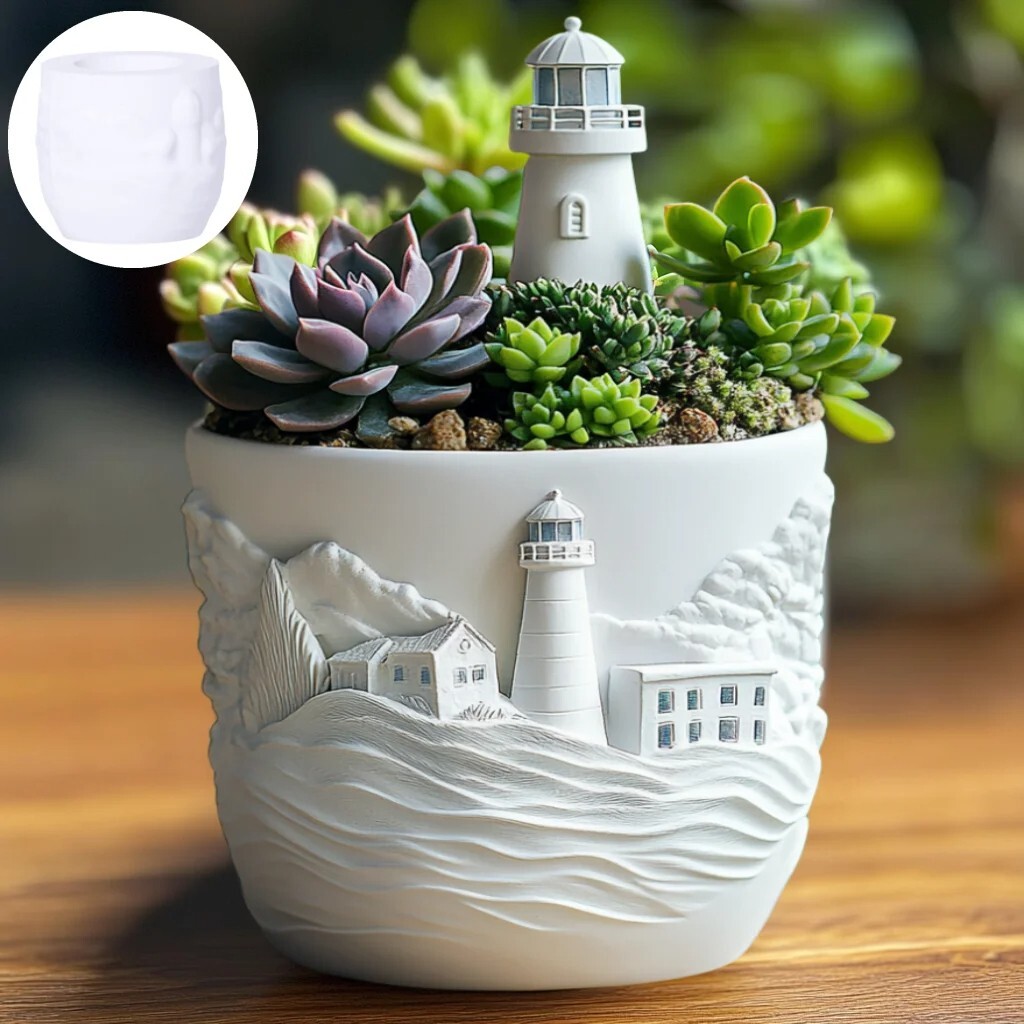 Gypsum Seaside Relief Planter Silicone Mold Sea Lighthouse Flowerpots Pots Mould