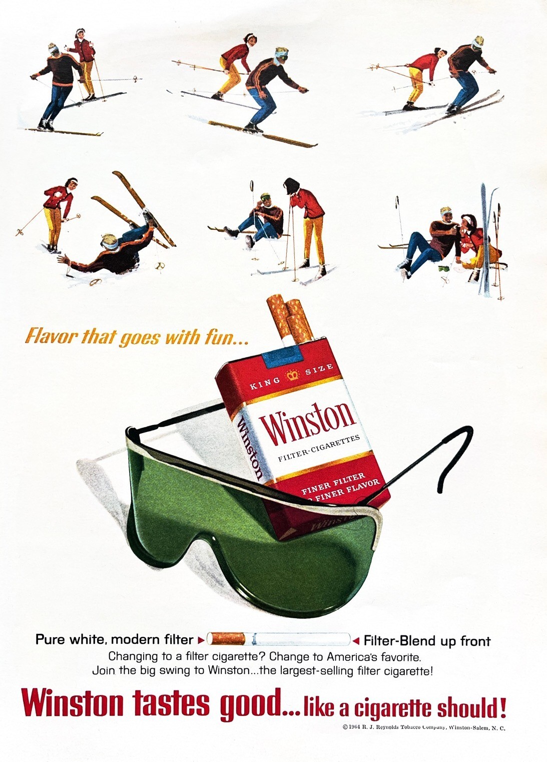 1964 WINSTON Genuine Vintage Print Ad Cigarettes Snow Skiing Theme