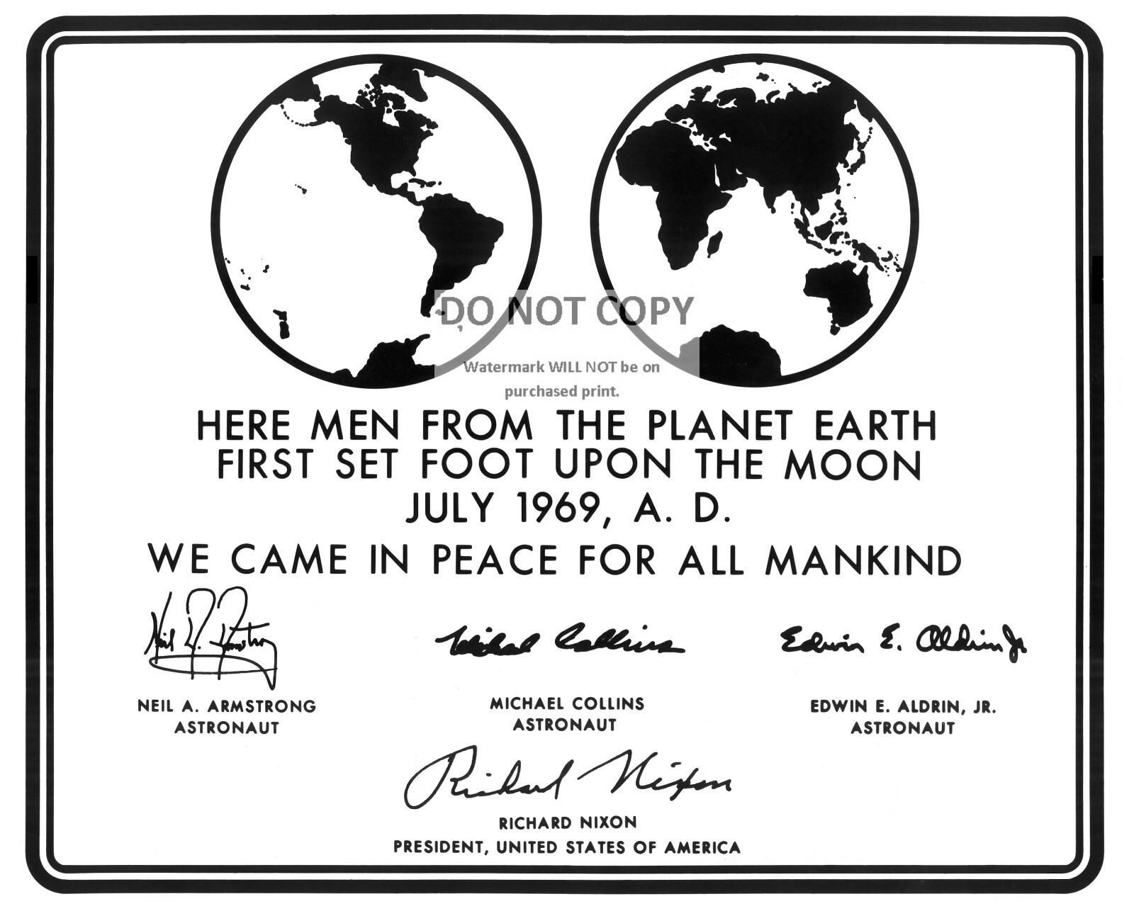 REPLICA OF PLAQUE LEFT ON MOON BY APOLLO 11 ASTRONAUTS  8X10 NASA PHOTO (CC-101)