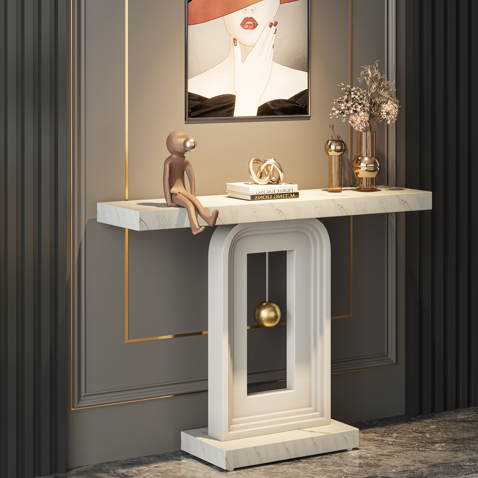 Modern Console Table, 39.4-Inch Faux Marble Sofa Table for Living Room, Hallway