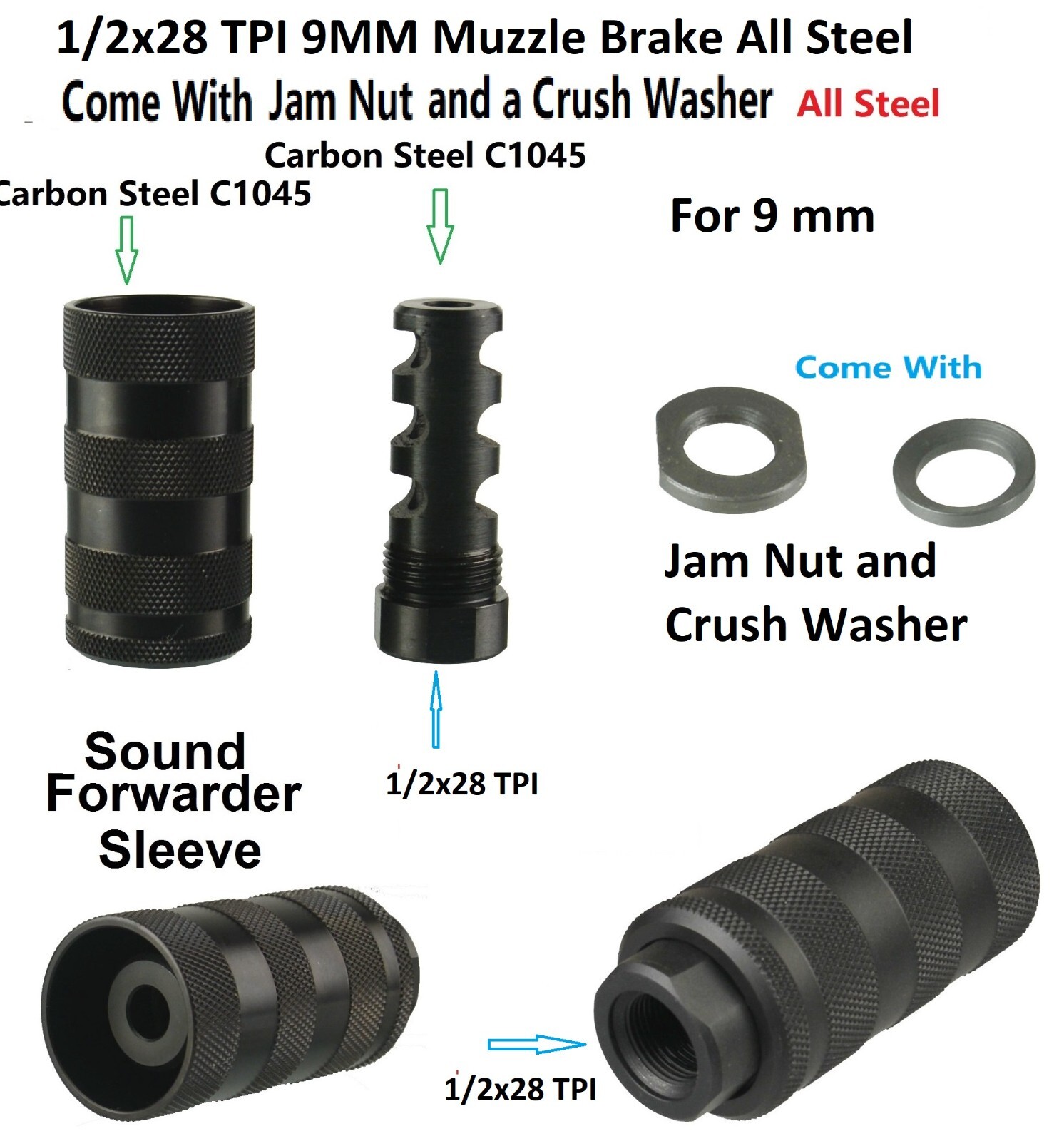 9mm Steel Muzzle Brake 1/2X28 TPI W Knurled Forwarder 13/16-16 W 1/2x2 Jam Nut