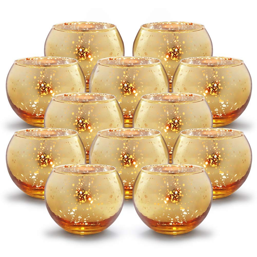 Round Gold Votive Candle Holders, Mercury Glass Candle Holder Set of 12, Wedd...