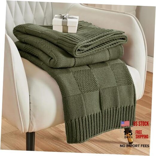 Check Knit Throw Blanket, Olive Green Checkered Throw for 50"X60" Burnt Olive