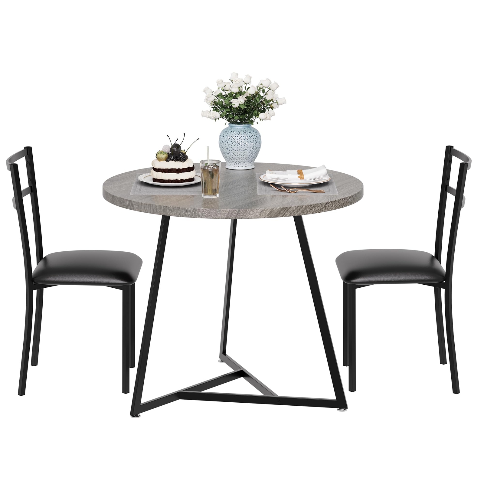Round Dining Table Set for 2, Kitchen Table with 2 Upholstered Chairs for Small