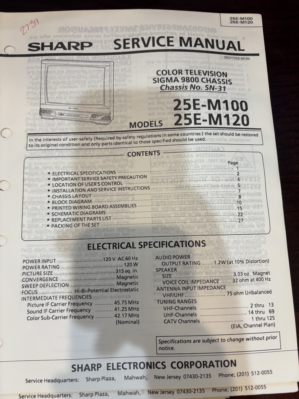 ORIG. SHARP 20E-M100 20EM100 20E-M120 TV Repair & Service Manual *ORIGINAL*
