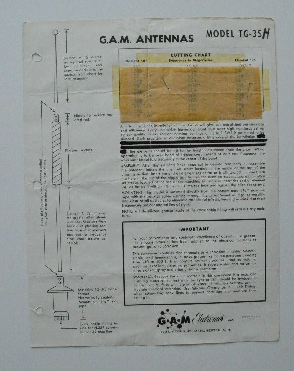 G.A.M. 1962 Model TG-3S Antennas Specification