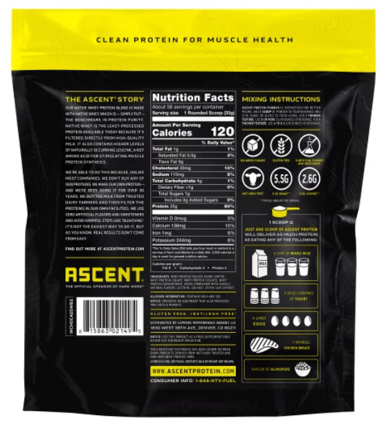Ascent 100% Whey, Native Whey Protein Blend, CHOCOLATE, 4.25 lbs