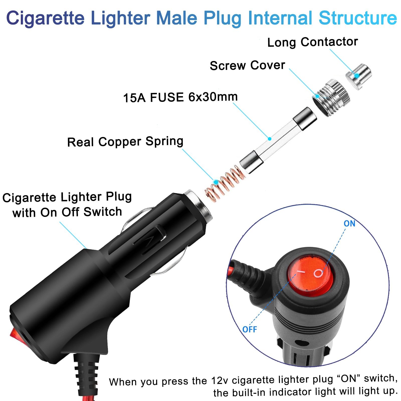 Cigarette Lighter Plug Adapter With Switch On Off 12FT Heavy Duty 12V Cigaret