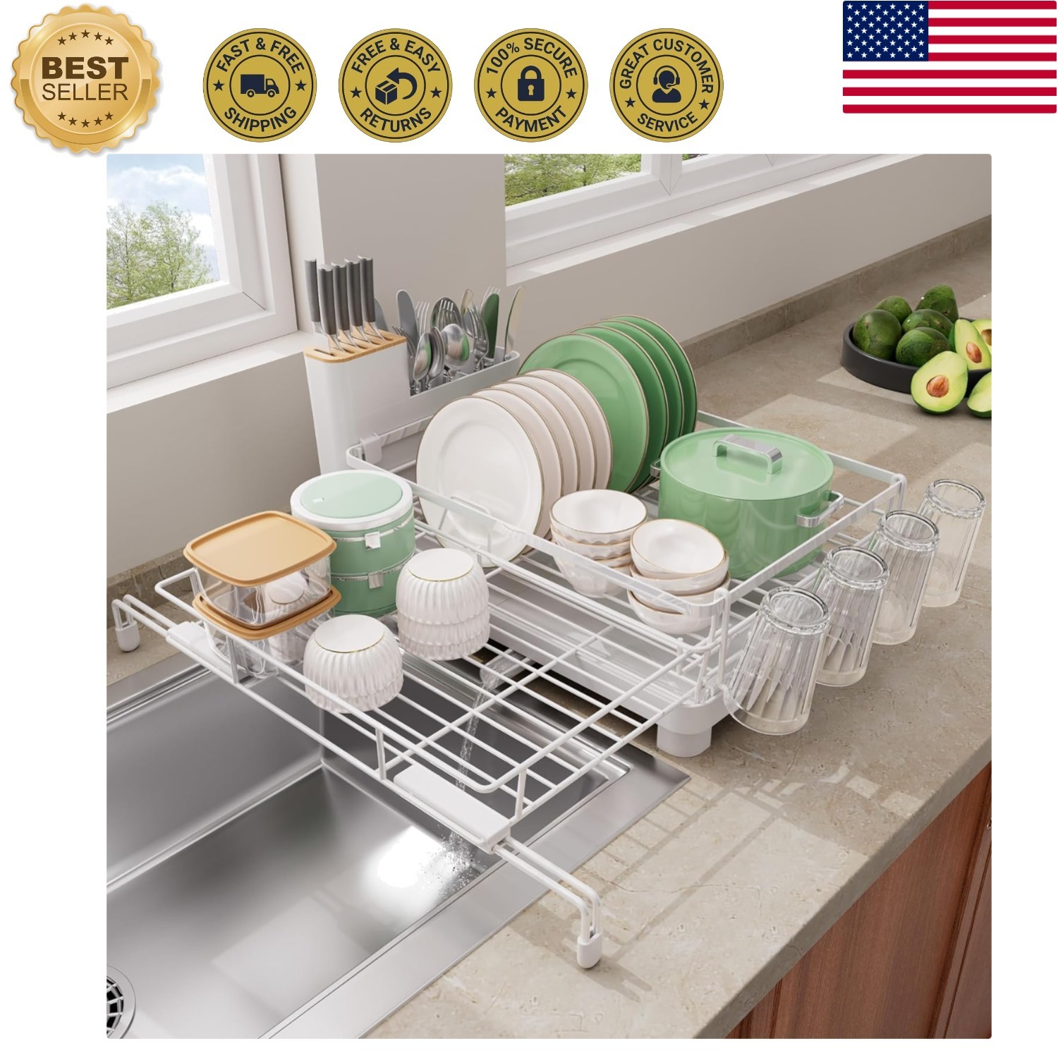Dish Drying Rack, Extendable Dish Rack Over Sink, Large Stainless Steel Dish ...