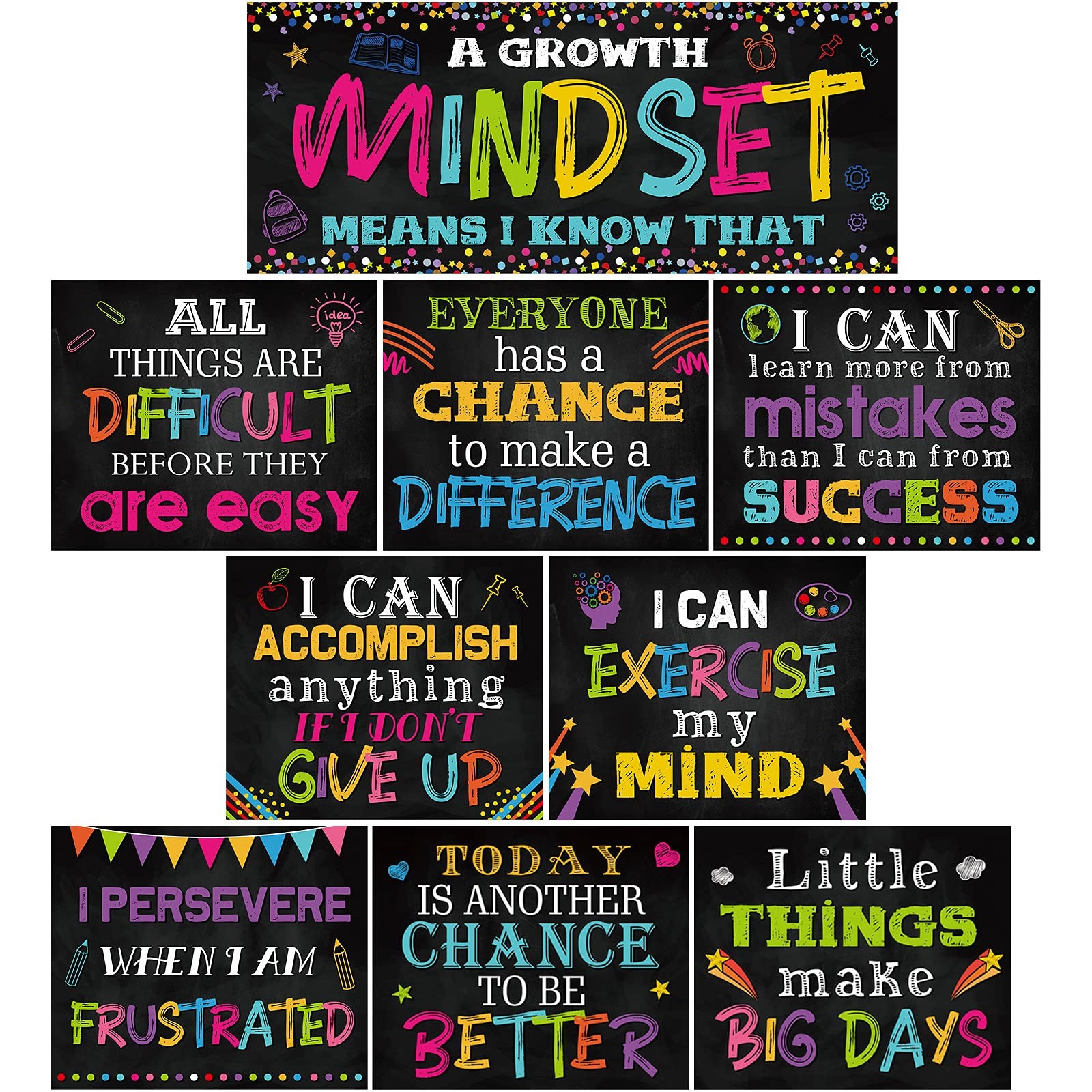 9 Pcs Classroom Motivational Posters Growth Mindset Banner Inspirational Bull...