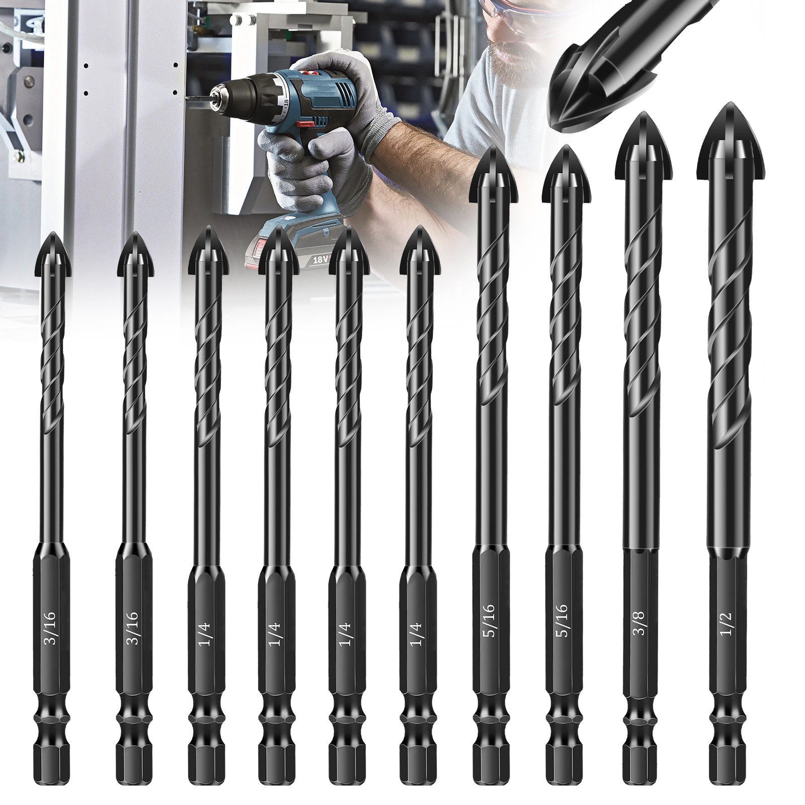 10pcs 3/16"-1/2" 4-Flute Phillips Drill Bit Set Hex Shank for Wood Metal Plastic
