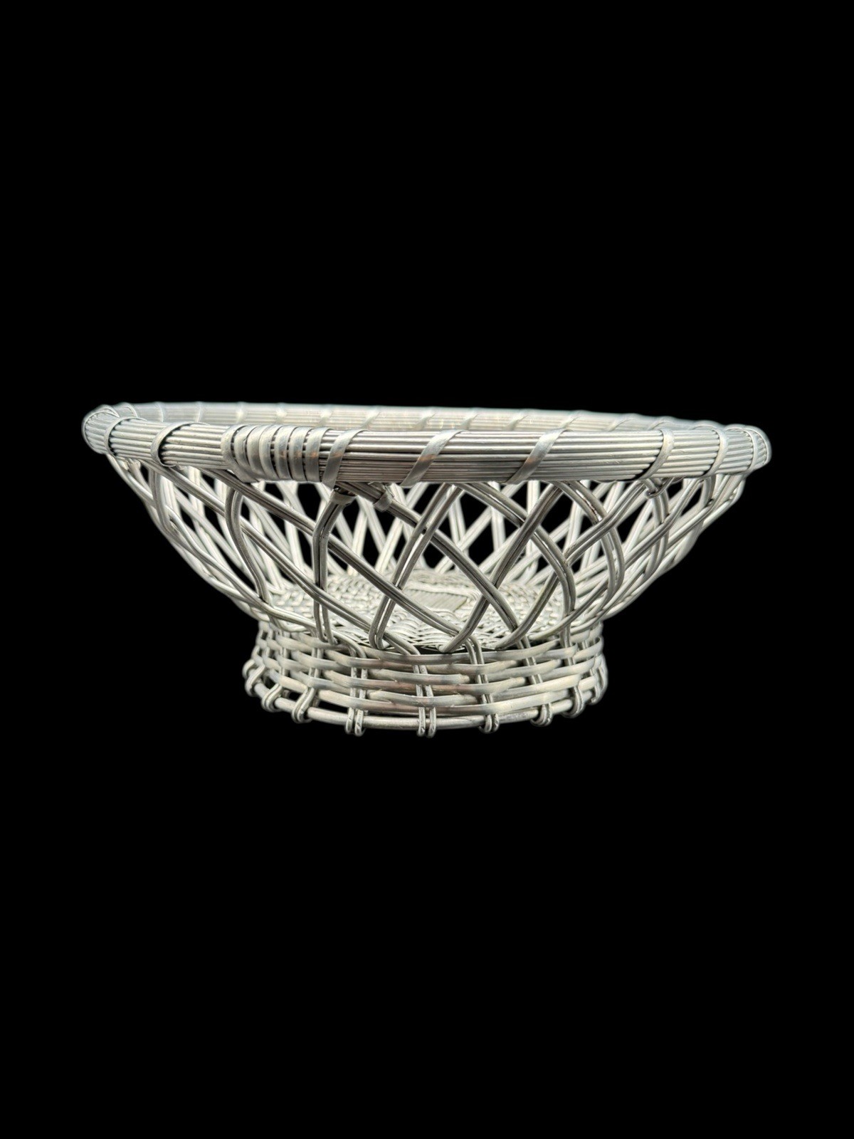 Vintage Aluminum Metal Weaved Pedestal Basket Silver Tone Woven Metal Basket