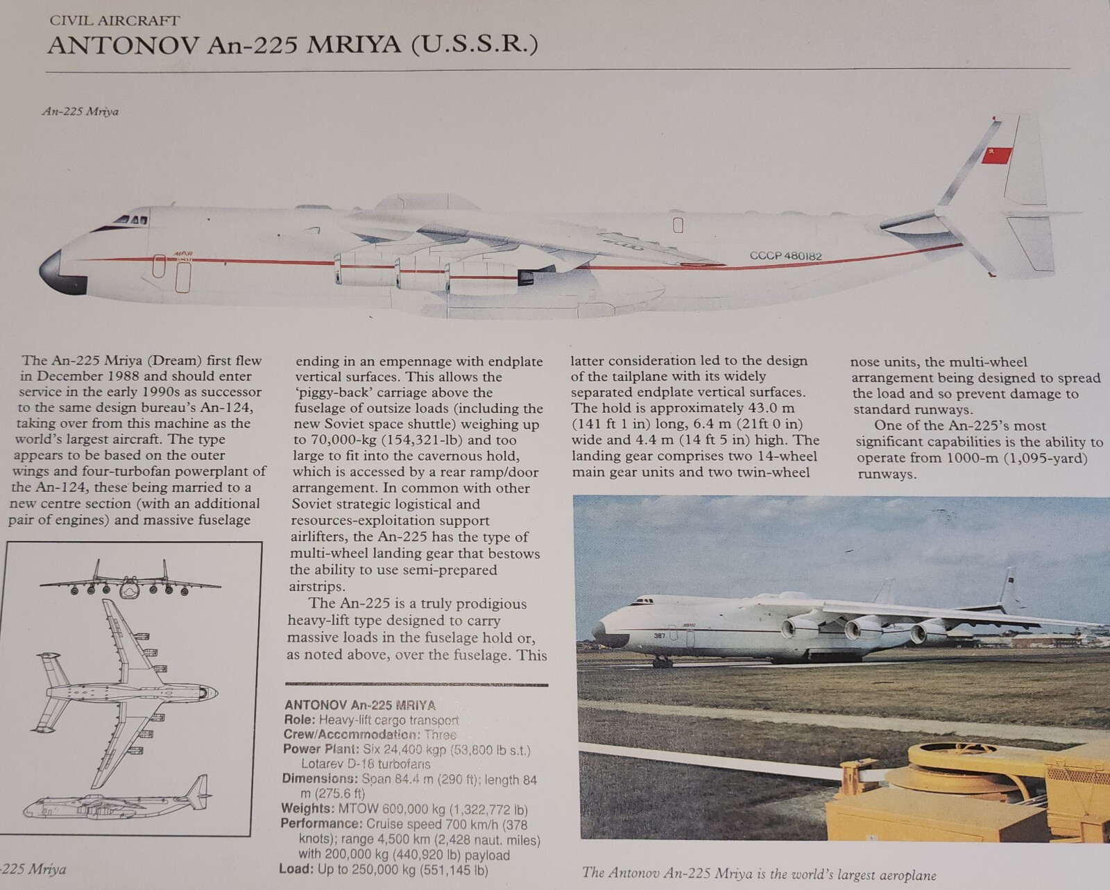 Antonov An Aircraft Picture Out of Print Article Spec Sheet Wall Art