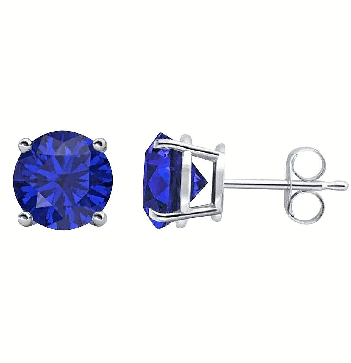 4.00 Ct Lab Created Blue Sapphire Stud Earrings 7mm Push Back 14k White Gold