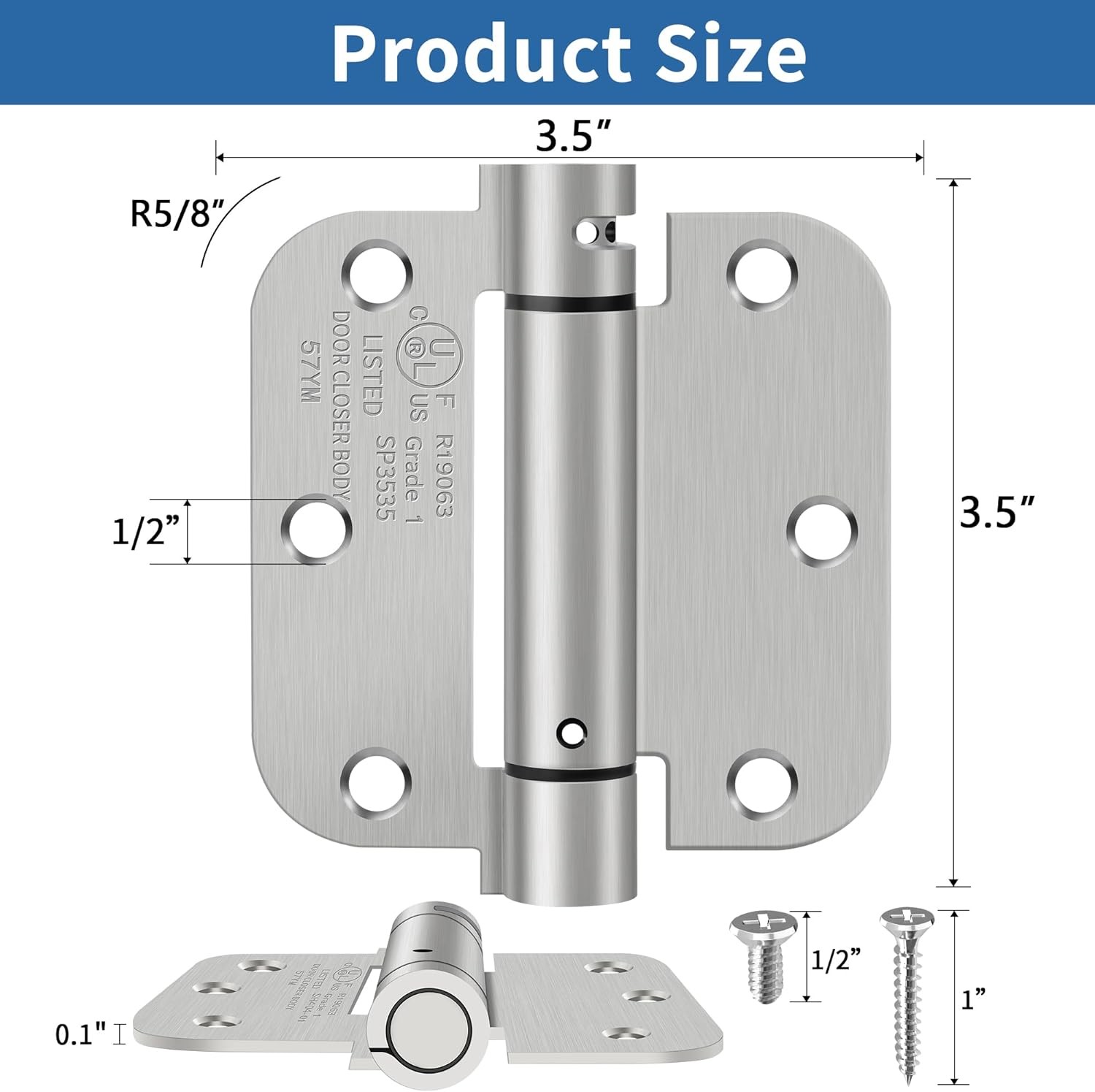4 Pack 3.5 Inch Self Closing Door Hinges 5/8" Radius Corners Spring Loaded Hinge
