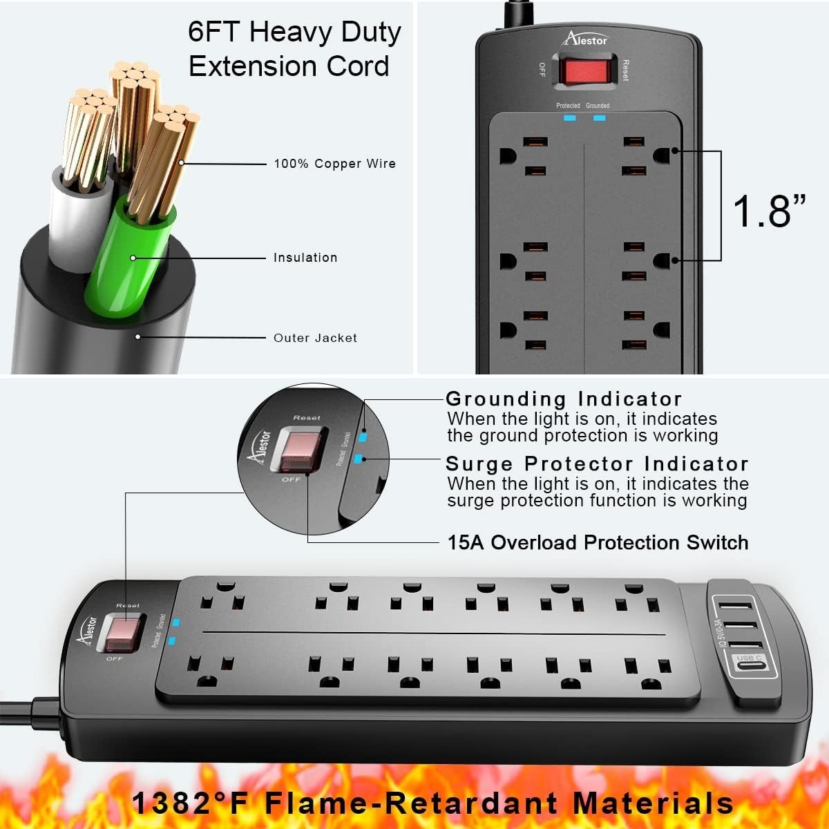 Surge Protector Power Strip 2700 Joules