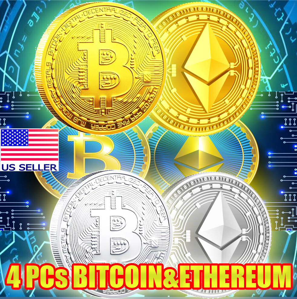 4 Pcs Bitcoin Coins Ethereum Coin Commemorative Collectors Gold Plated Bit Coin