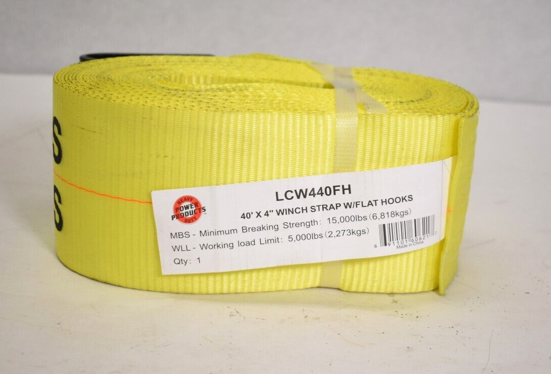 Power Products LCW440FH 4" x 40' Winch Strap w Flat Hooks WLL 5000lbs Yellow