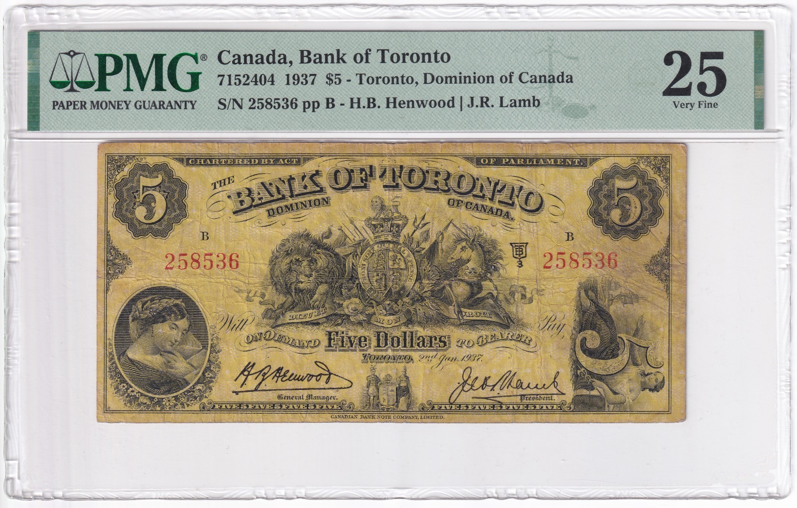 Canada Bank Of Toronto 1937 Henwood - Lamb PMG Graded VF 25