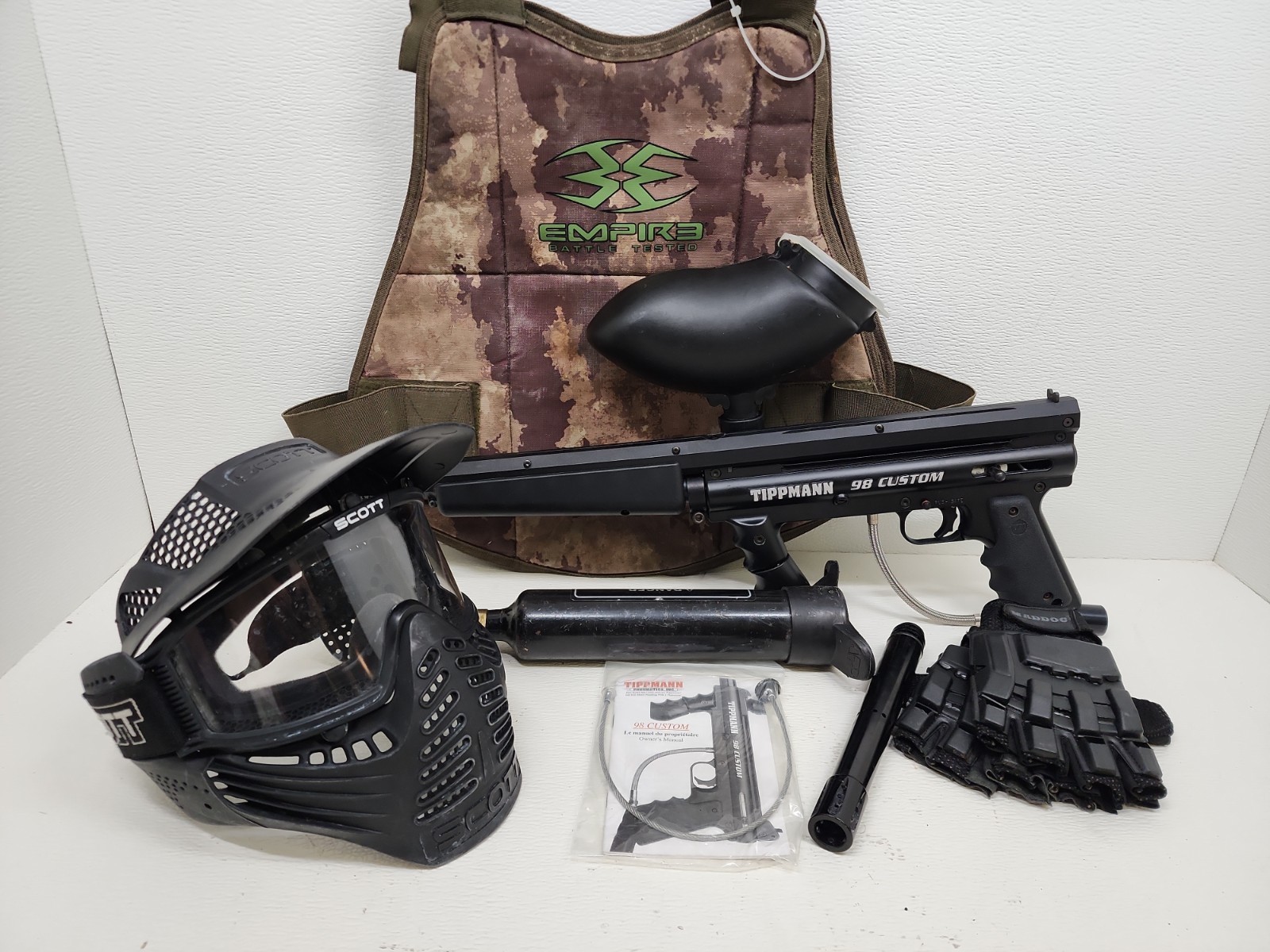Tippmann Model 98 Custom Paintball Gun Marker Bundle. Flatline Barrel Mask Vest