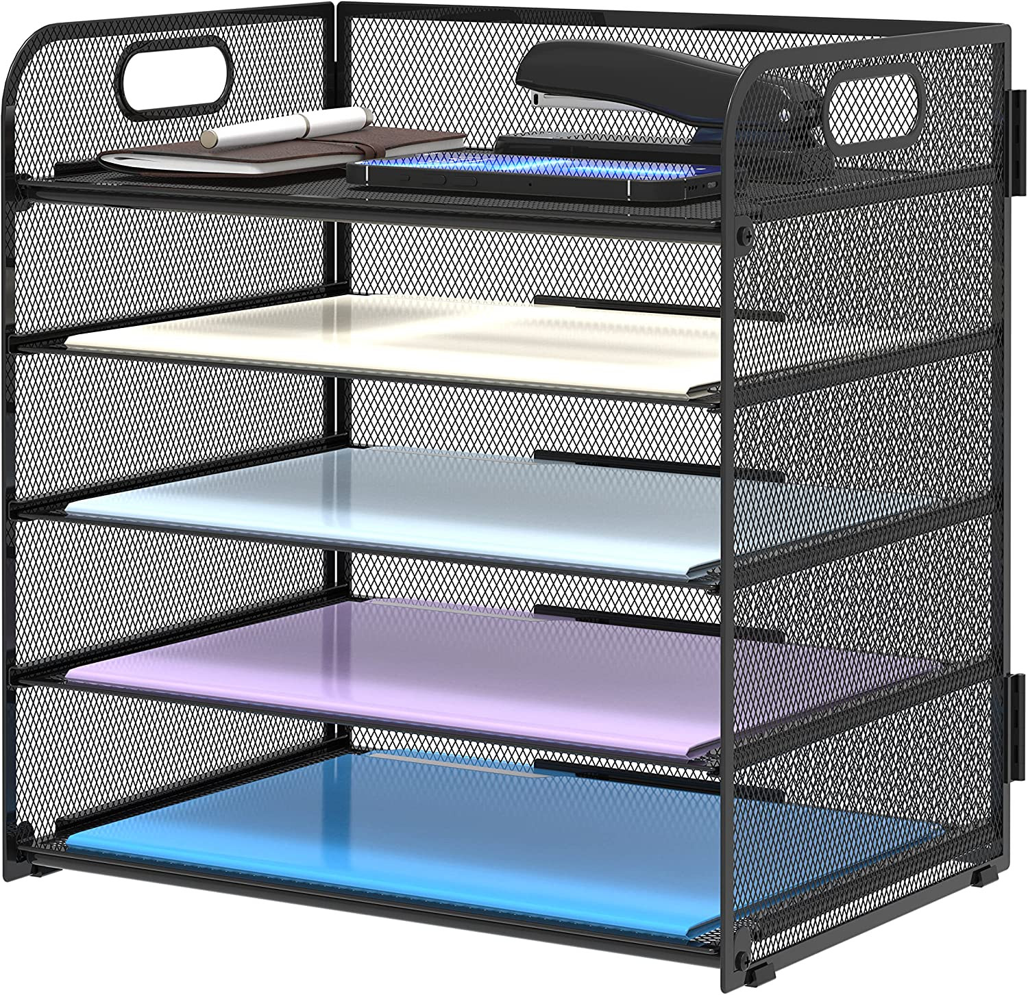 5 Tray Paper Organizer,  Letter Tray with Handle-Mesh Desk File, Great Space Sav