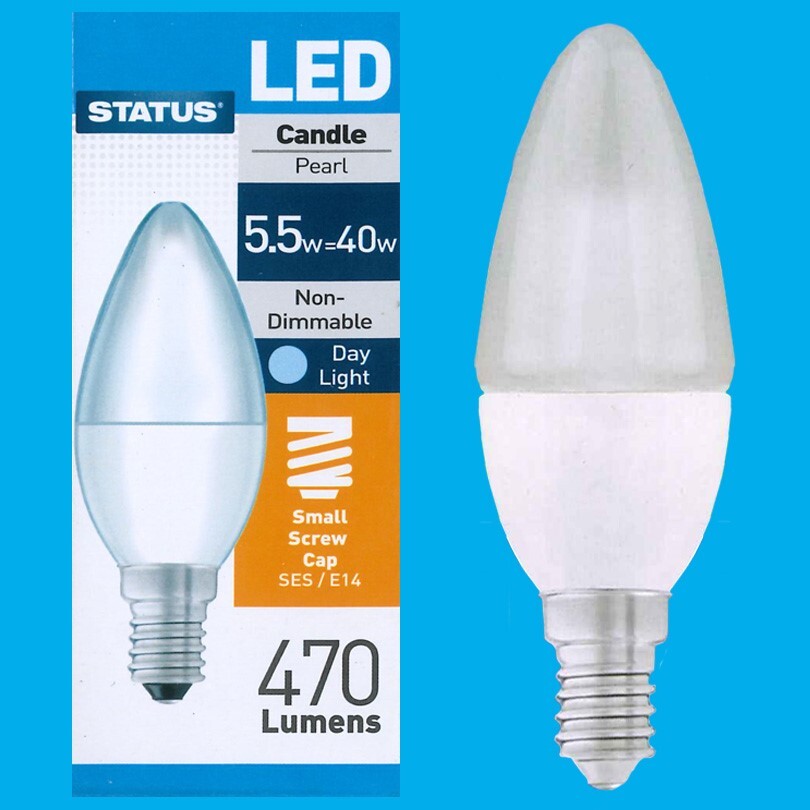 4x 5.5W (=40W) LED Pearl Candle, Daylight White 6500K, Light Bulbs SES E14 Lamps