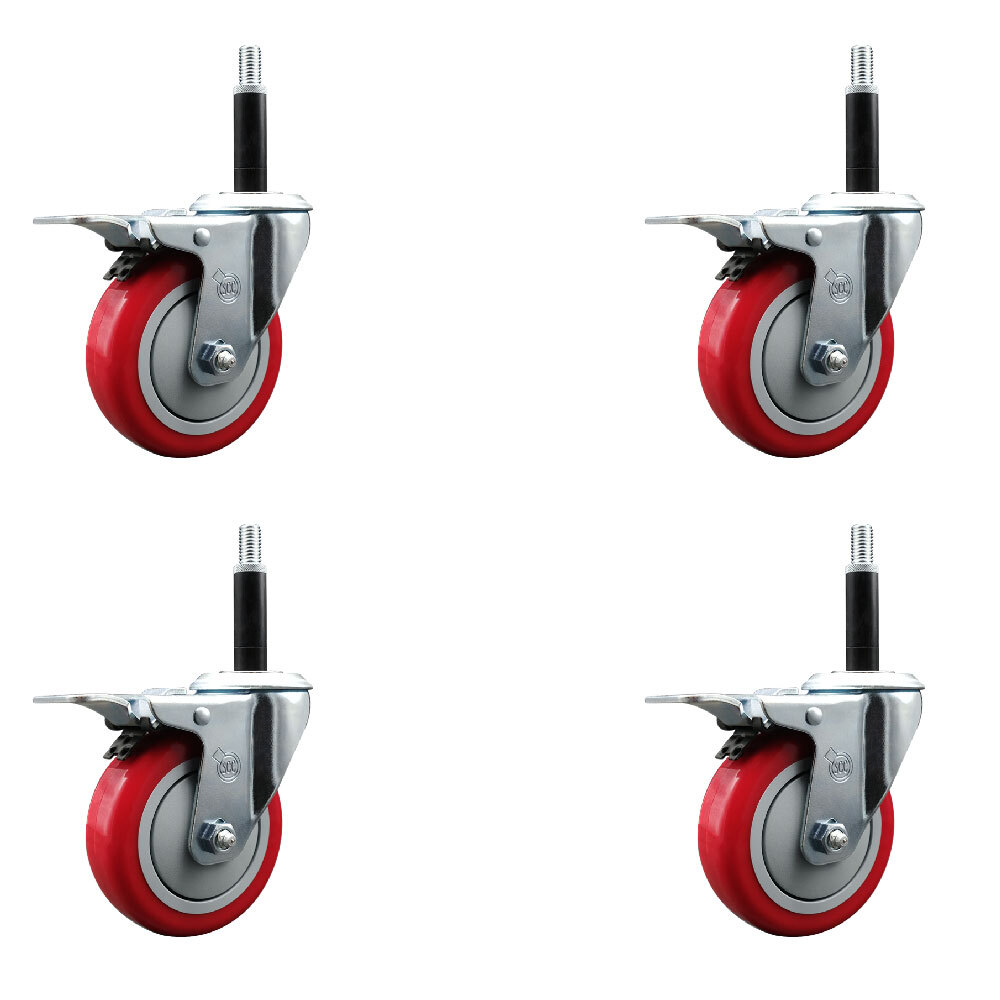 4 Inch Red Poly Swivel 3/4 Inch Expanding Stem Caster Set Total Lock Brake