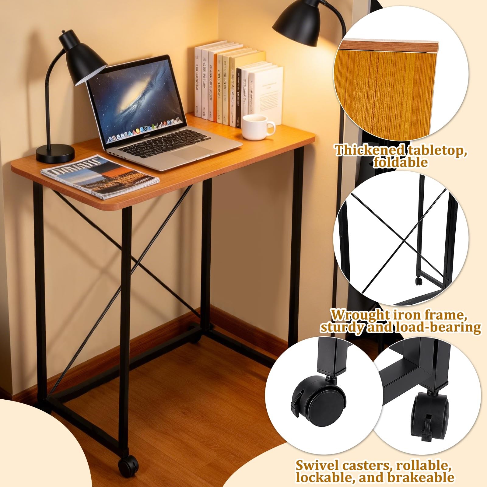 23.6Inch Folding Laptop Cart Table, Mobile Small Rolling Computer Desk for Po...
