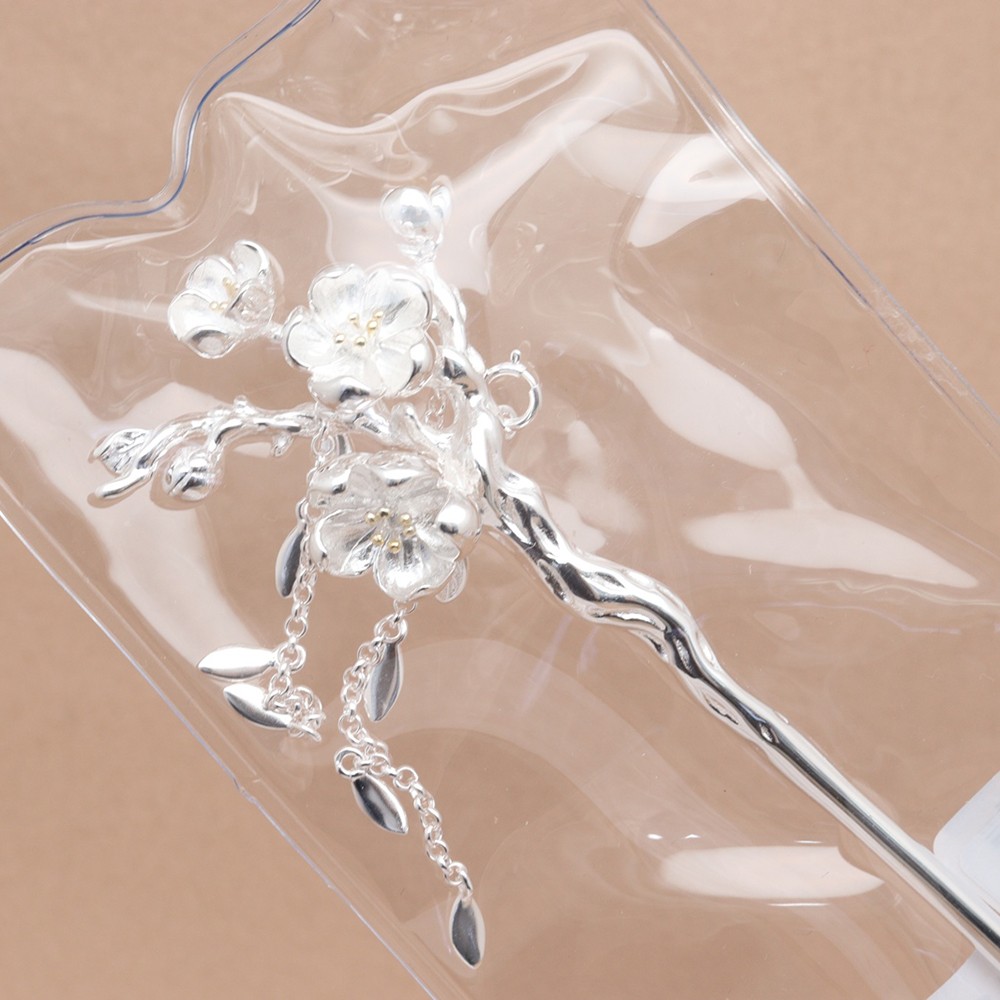 Pure S925 Sterling SilverCarved Plum Blossom Branch Orient Hairpin 22-23g 6.6in