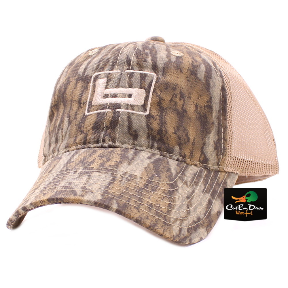 NEW BANDED GEAR TRUCKER CAP HAT BOTTOMLAND CAMO TAN MESH W/ "b" LOGO ADJUSTABLE