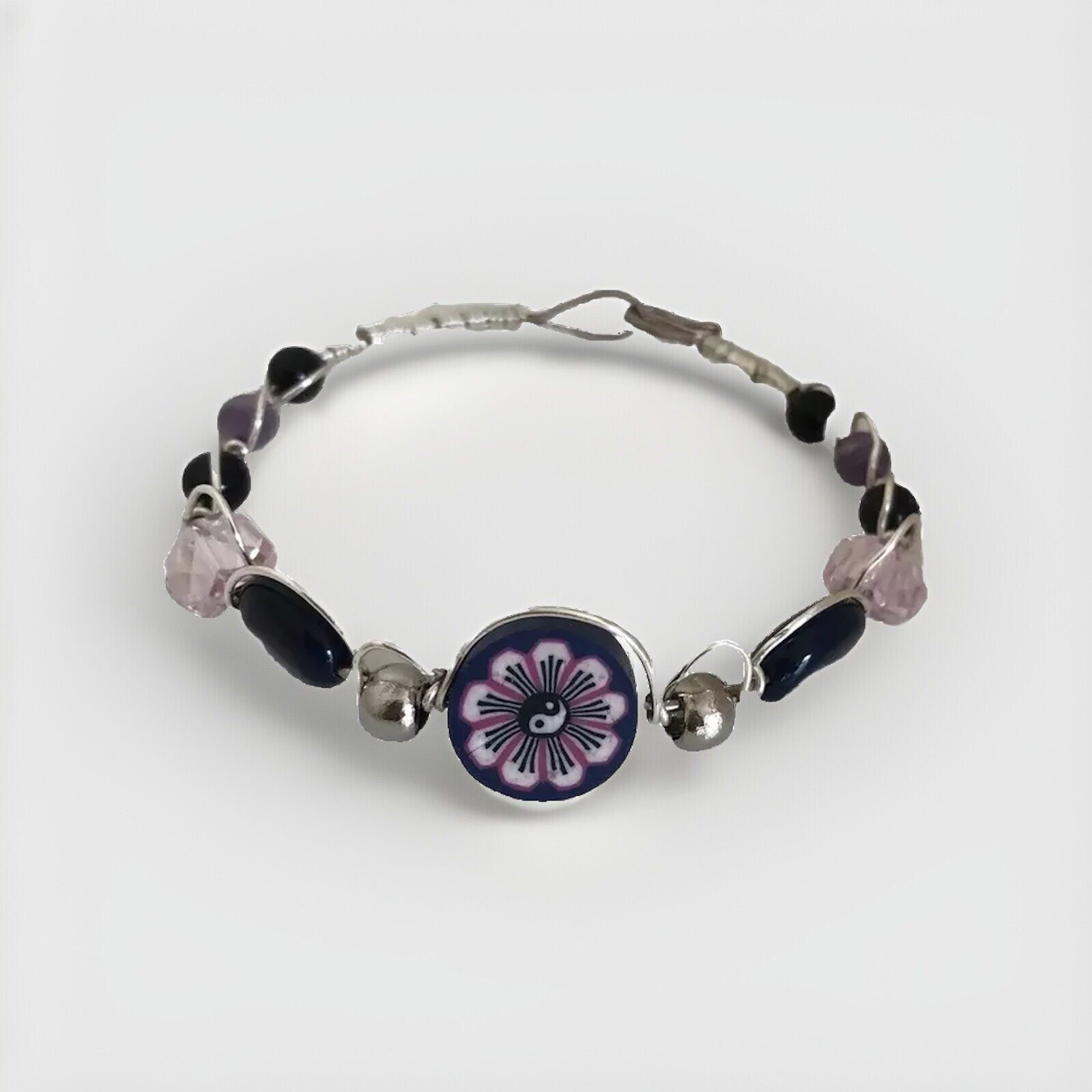 Bangle Bracelet With Flower.  Purple & Pink. 9 In. Hook Closure. Handmade Boho