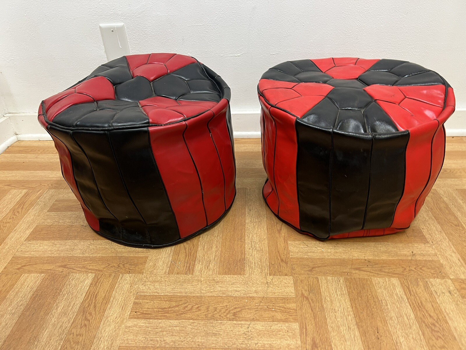 Vintage HASSOCK STOOL PAIR Red Black vinyl ottoman mid century modern foot 1950s