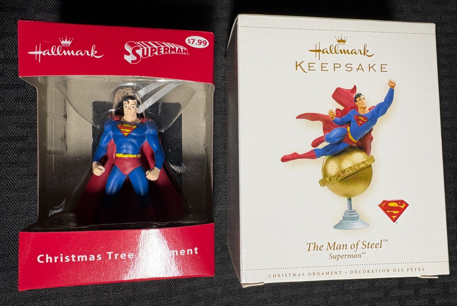 SUPERMAN MAN OF STEEL & Christmas Tree Hallmark Ornament MIB C-6.5/7.5 LOT of 2