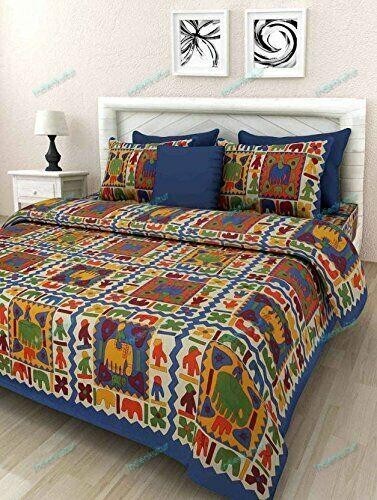 Rajasthani Multi Printed Cotton Double Bed Sheet With 2 Pillow Cover 90x100