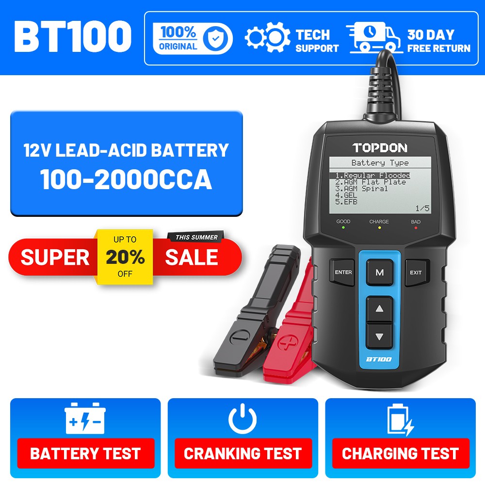 TOPDON BT100 12V Car Battery Tester Load Analyzer Alternator Auto 100-2000CCA