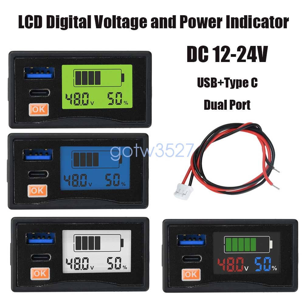 DC 12-24V LCD Digital Battery Monitor USB+Type C 30W Fast Charging Output