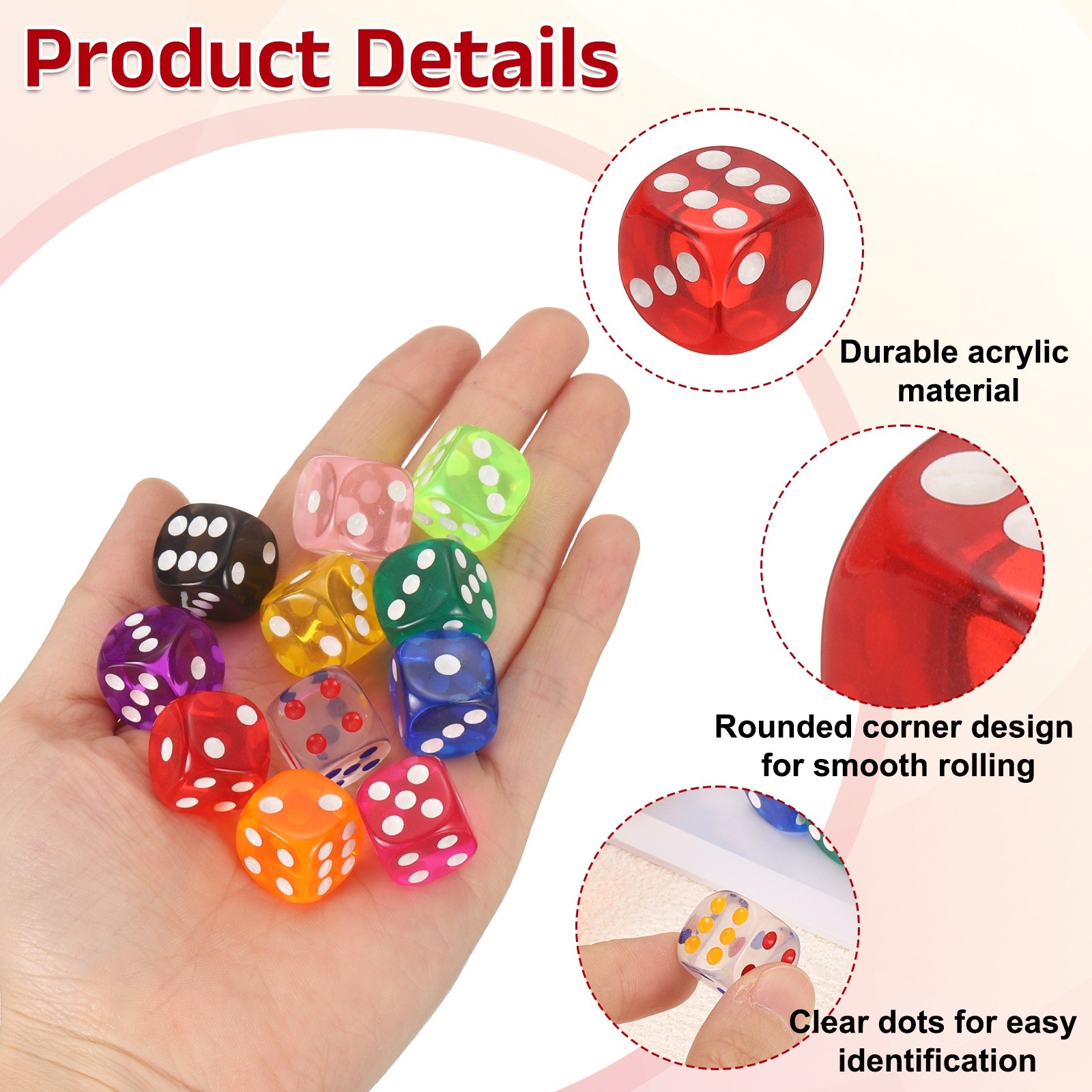 36Pcs Translucent Polyhedral Dice 16mm Square Dice W Rounded Edge, Red
