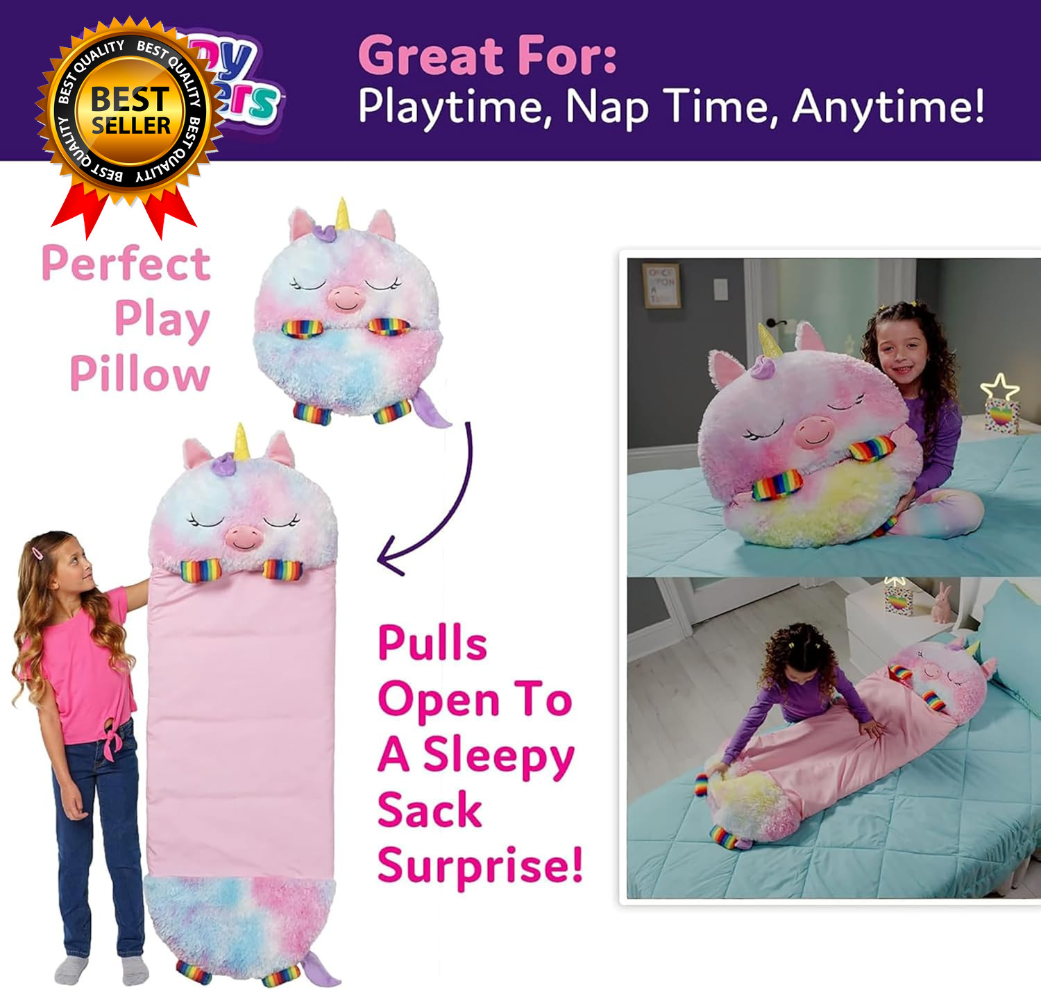 : Pillow & Sleepy Sack: Large - Rainbow Unicorn - 66 X 30, 2-In-1: Plush Animal