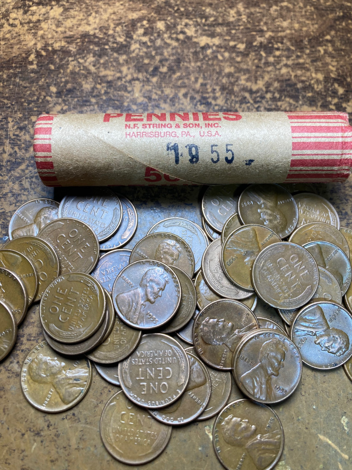 1955 (P) LINCOLN WHEAT CENT PENNY ROLL, 50 coins nice condition