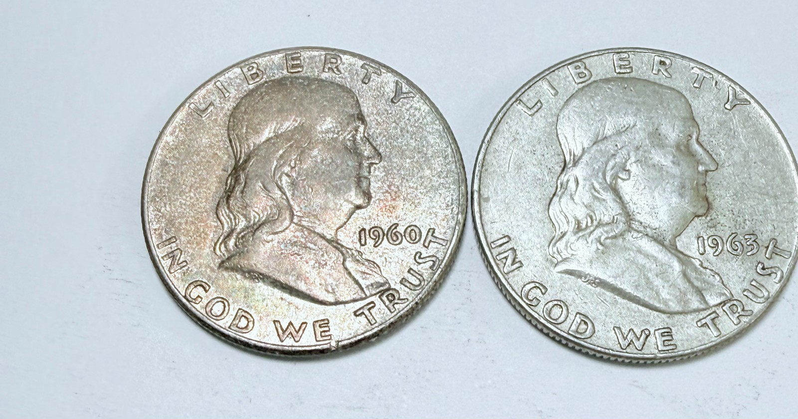FRANKLIN SILVER HALF DOLLARS LOT OF 2, 90% SILVER CIRCULATED COINS  #10930